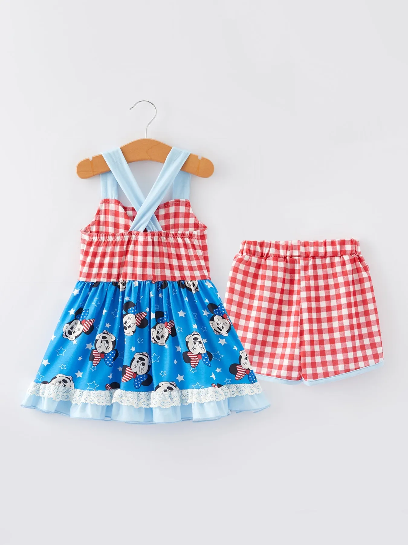 4th Of July Cartoon Character Print Plaid Cute Girls Outfits Set