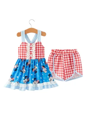 4th Of July Cartoon Character Print Plaid Cute Girls Outfits Set