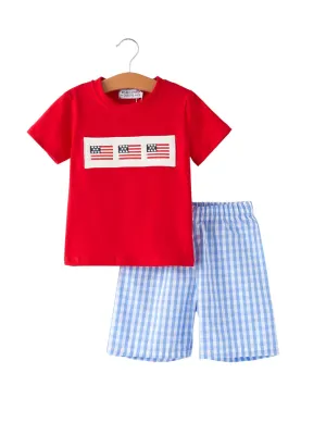 4th Of July Flag Embroidery Smocking Boys Set