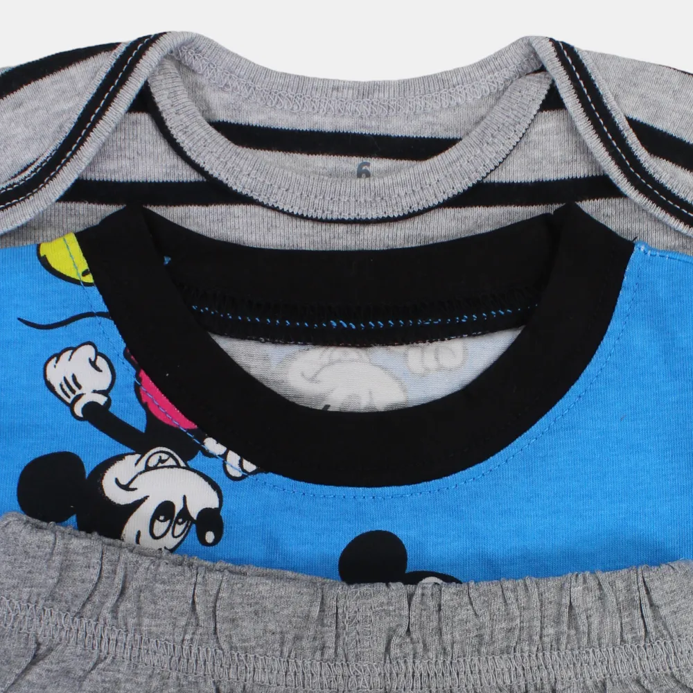 Baby Boys Cotton 3-Piece Outfit Set – Blue with Mickey Mouse Print