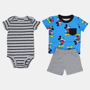 Baby Boys Cotton 3-Piece Outfit Set – Blue with Mickey Mouse Print