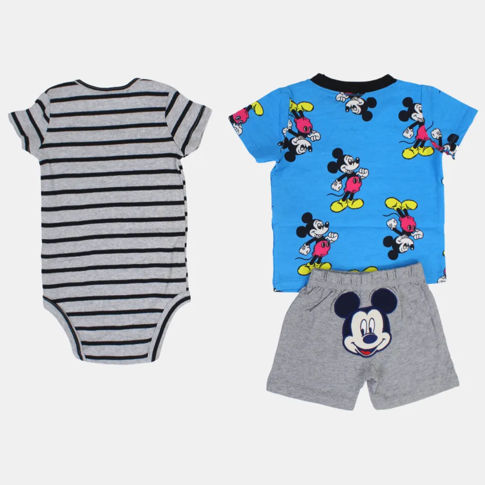 Baby Boys Cotton 3-Piece Outfit Set – Blue with Mickey Mouse Print