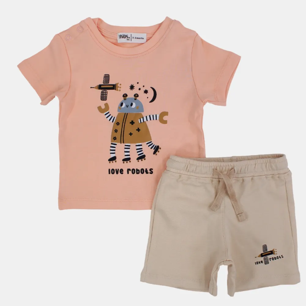 Baby Boys Cotton Pajama Set – Salmon "Love Robots" Print