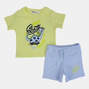 Baby Boys Cotton Pajama Set – Yellow "Dino Skate" Print