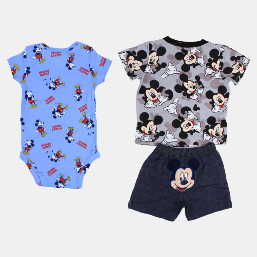 Baby Boys Grey Mickey Mouse-Themed 3-Piece Cotton Outfit Set