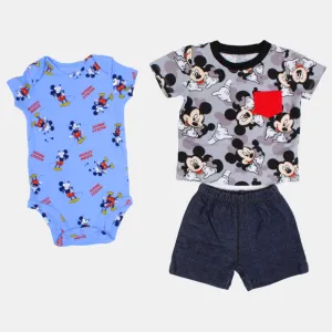 Baby Boys Grey Mickey Mouse-Themed 3-Piece Cotton Outfit Set