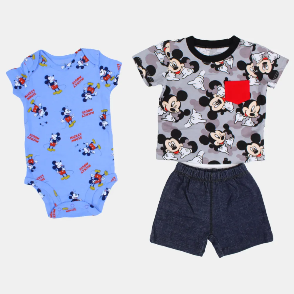 Baby Boys Grey Mickey Mouse-Themed 3-Piece Cotton Outfit Set