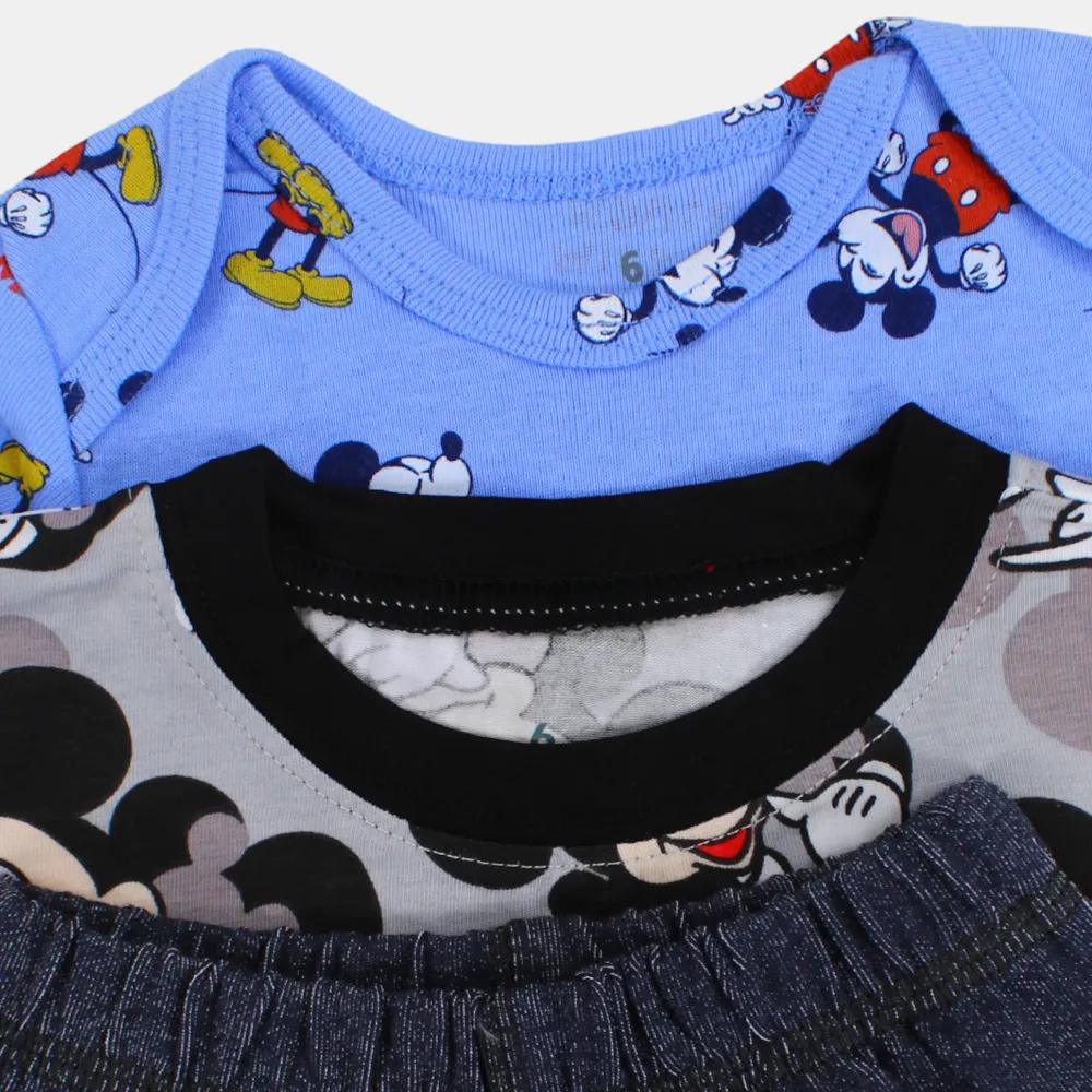 Baby Boys Grey Mickey Mouse-Themed 3-Piece Cotton Outfit Set