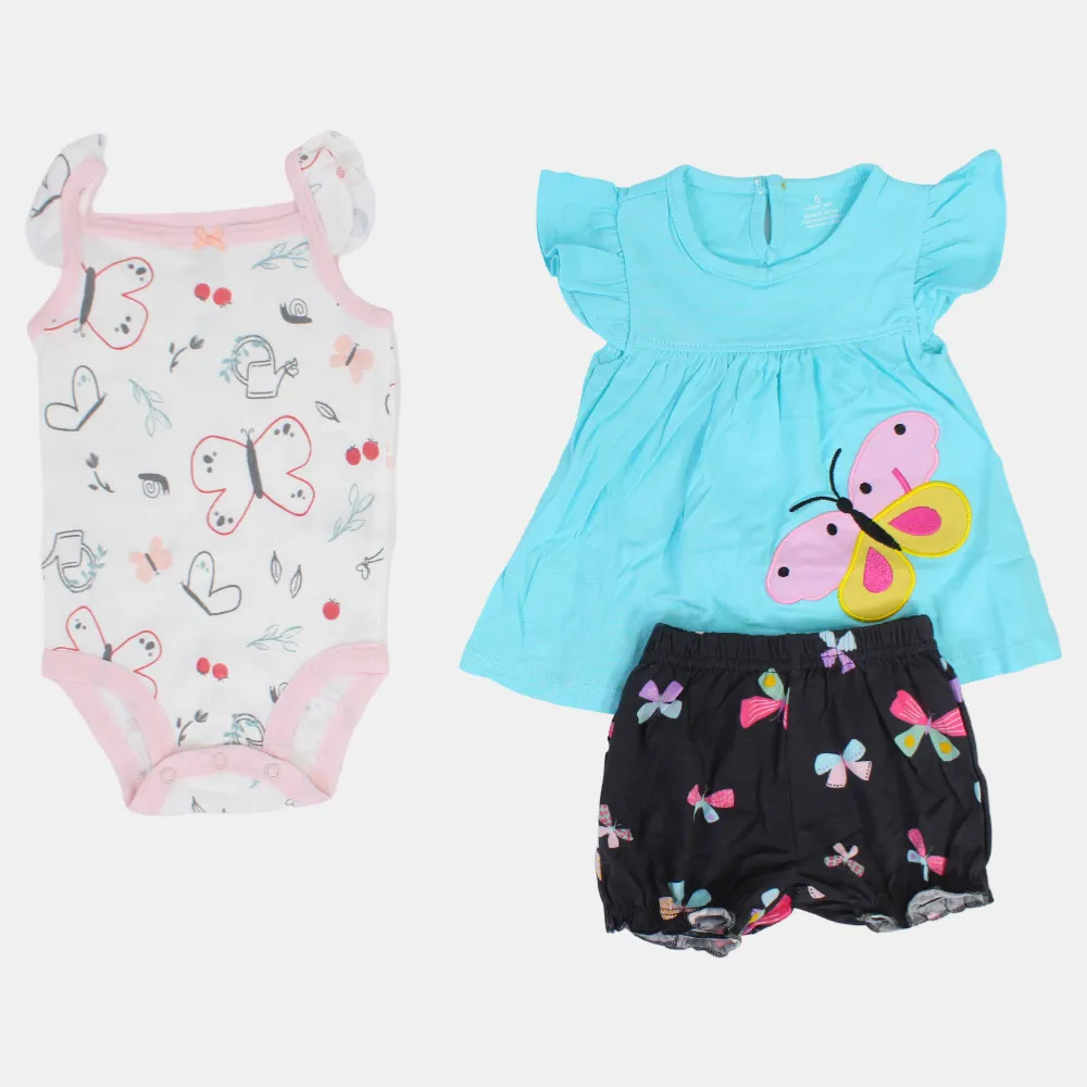 Baby Girls Cotton 3-Piece Outfit Set – Aqua with Butterfly Design