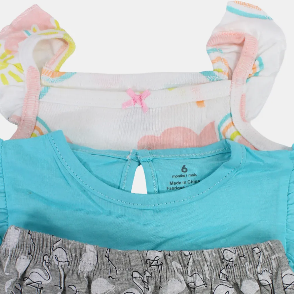 Baby Girls Cotton 3-Piece Outfit Set – Aqua with Flamingo Design