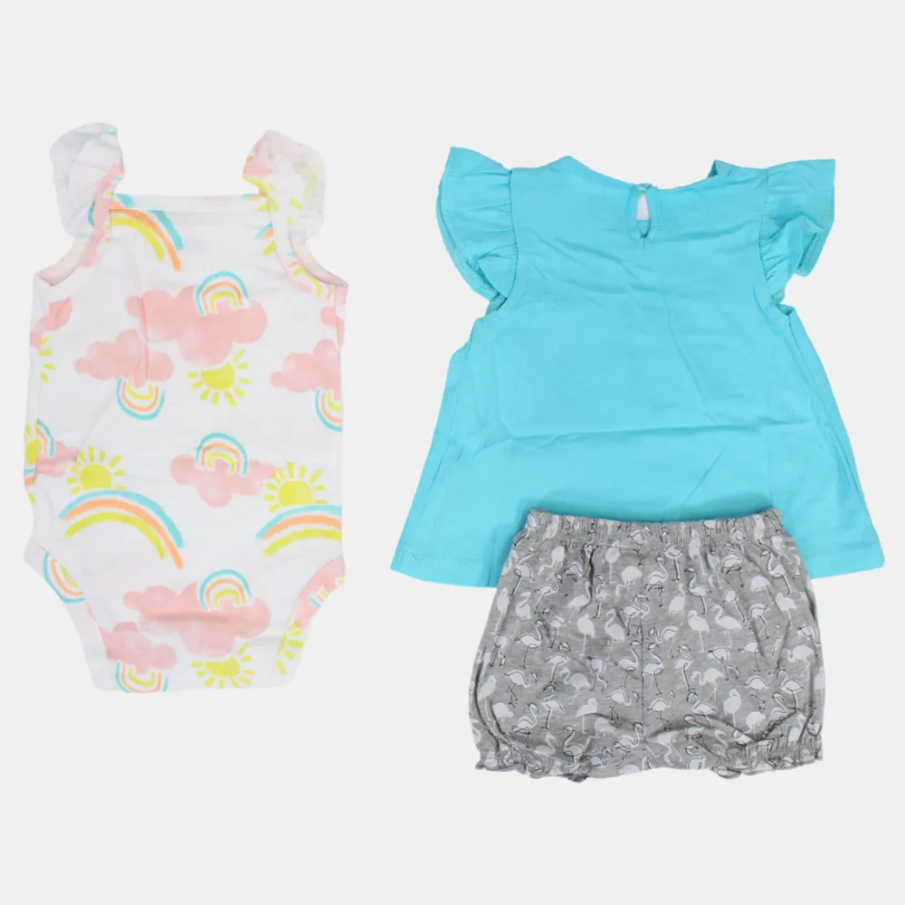 Baby Girls Cotton 3-Piece Outfit Set – Aqua with Flamingo Design