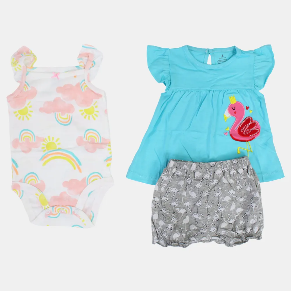 Baby Girls Cotton 3-Piece Outfit Set – Aqua with Flamingo Design