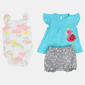 Baby Girls Cotton 3-Piece Outfit Set – Aqua with Flamingo Design