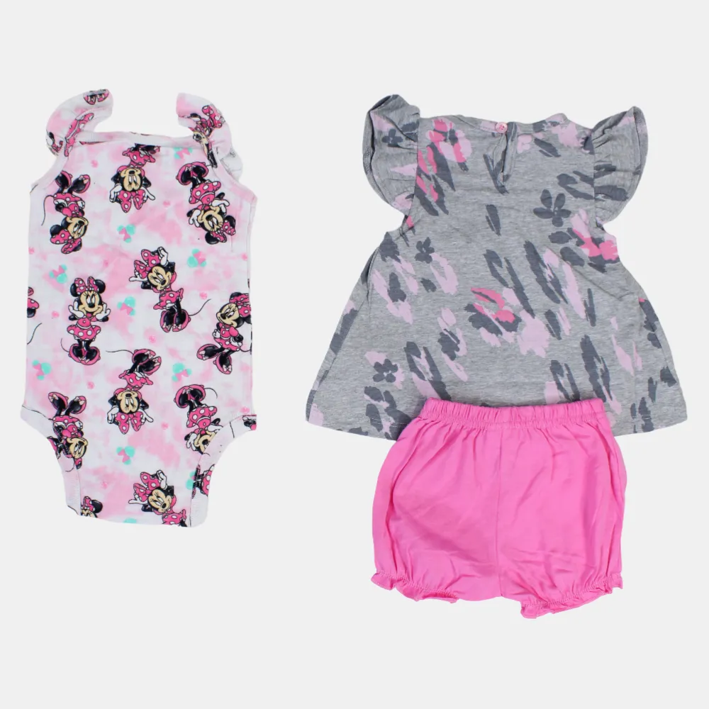BABY Girls Cotton 3-Piece Outfit Set – Grey with Minnie Mouse Design