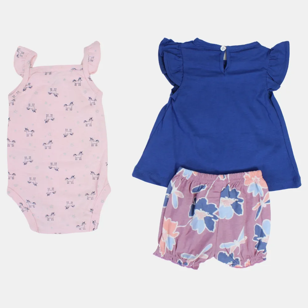 Baby Girls Cotton 3-Piece Outfit Set – Indigo with Flying Unicorn Design