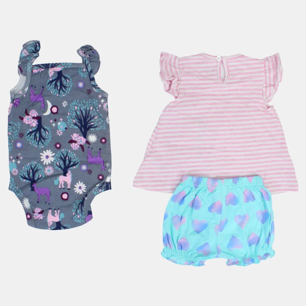 Baby Girls Cotton 3-Piece Outfit Set – Pink with Stripes and Unicorn Design