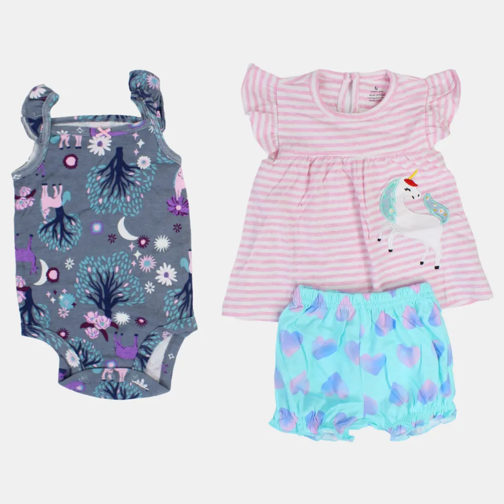Baby Girls Cotton 3-Piece Outfit Set – Pink with Stripes and Unicorn Design