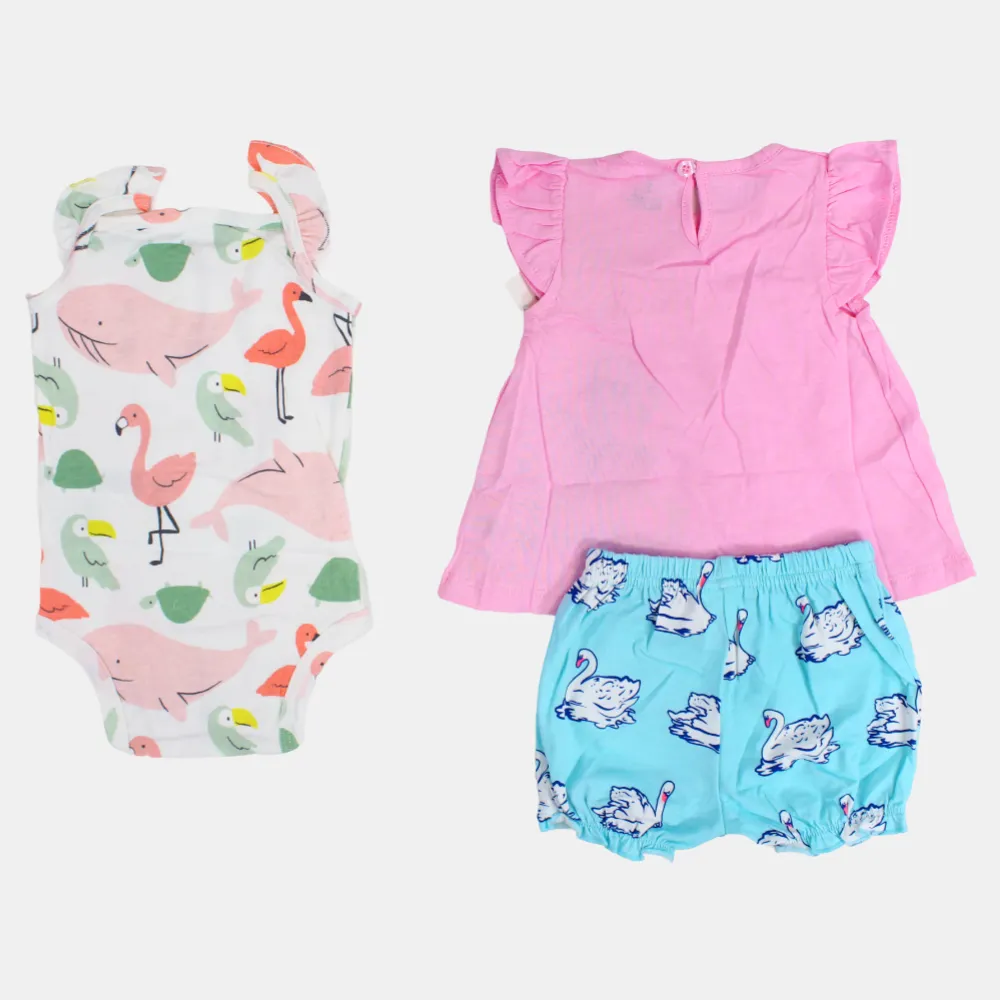 Baby Girls Cotton 3-Piece Outfit Set – Pink with Swans Print