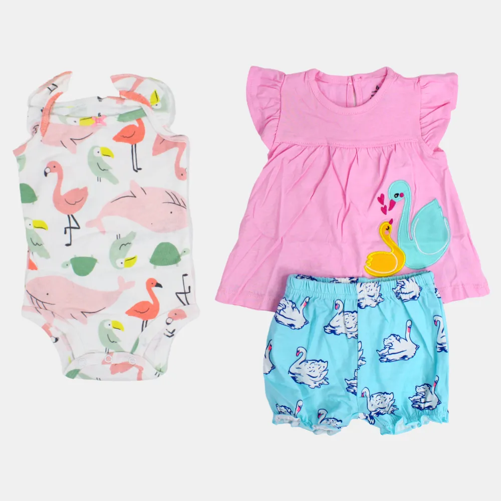 Baby Girls Cotton 3-Piece Outfit Set – Pink with Swans Print