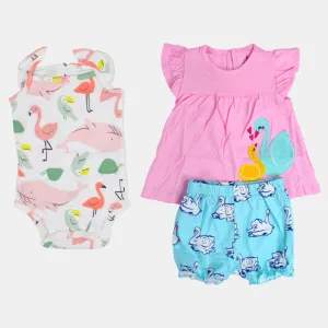 Baby Girls Cotton 3-Piece Outfit Set – Pink with Swans Print