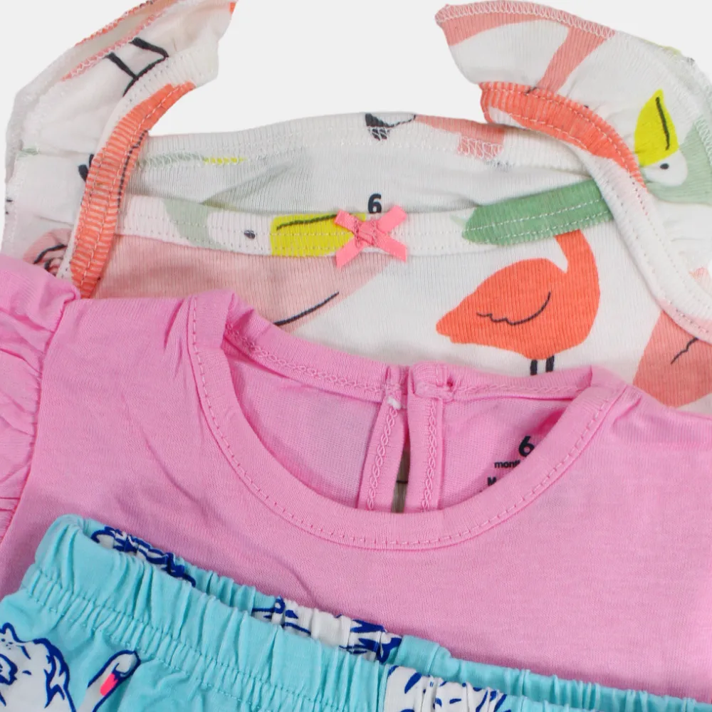 Baby Girls Cotton 3-Piece Outfit Set – Pink with Swans Print