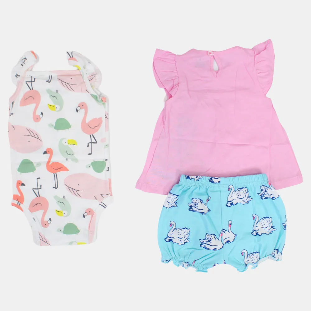 Baby Girls Cotton Outfit Set – Pink with Swan Design