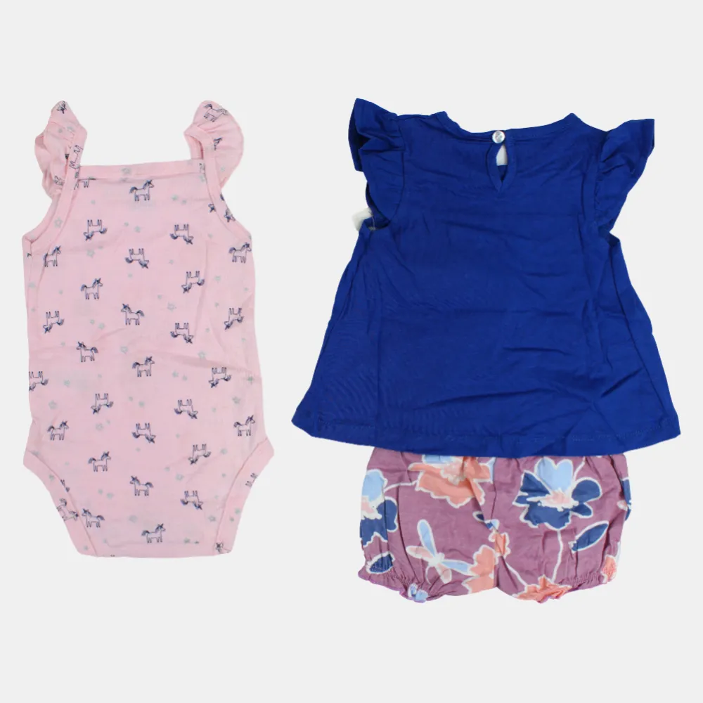 Baby Girls Indigo Unicorn-Themed 3-Piece Cotton Outfit Set