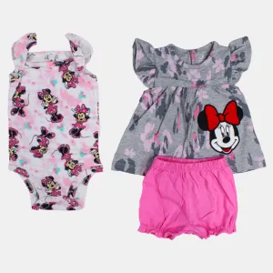 Baby Girls Sleeveless Cotton 3-Piece Outfit Set - Grey with Minnie Mouse Design