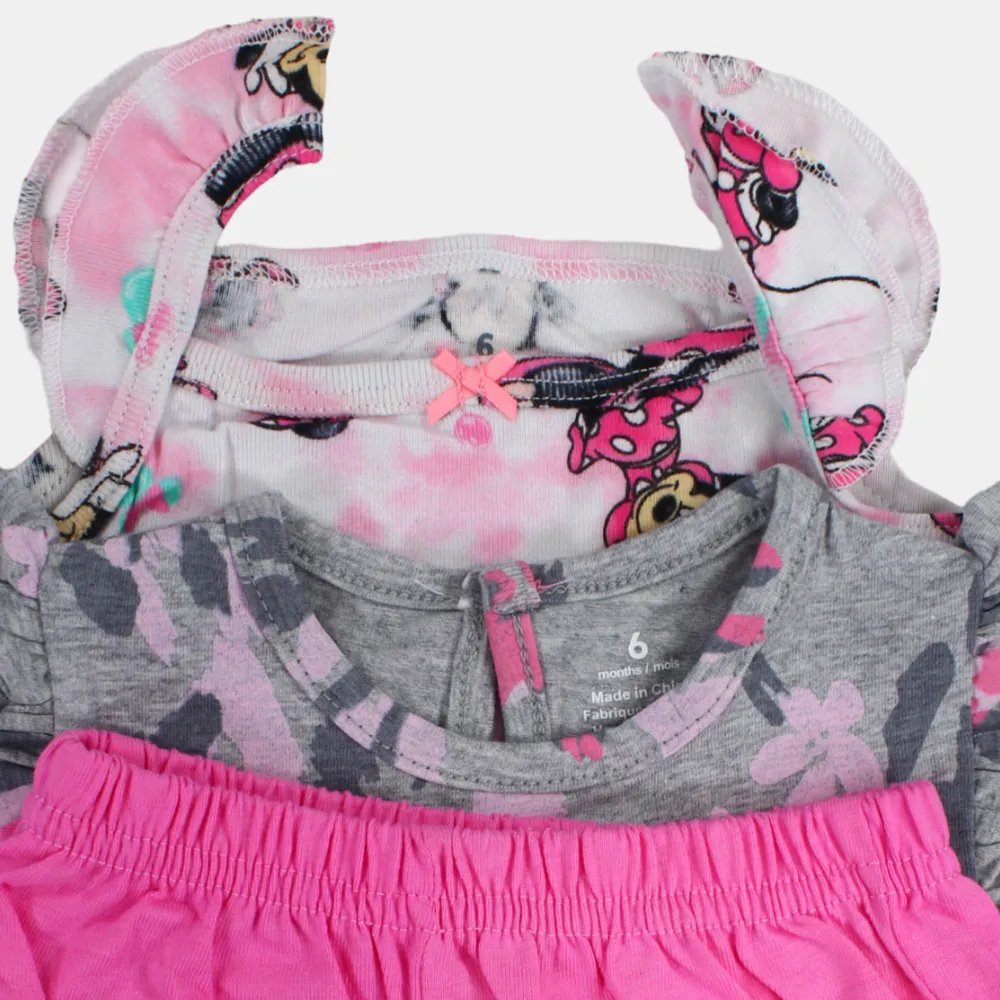 Baby Girls Sleeveless Cotton 3-Piece Outfit Set - Grey with Minnie Mouse Design