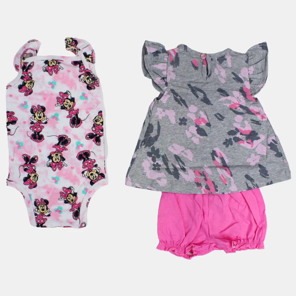 Baby Girls Sleeveless Cotton 3-Piece Outfit Set - Grey with Minnie Mouse Design