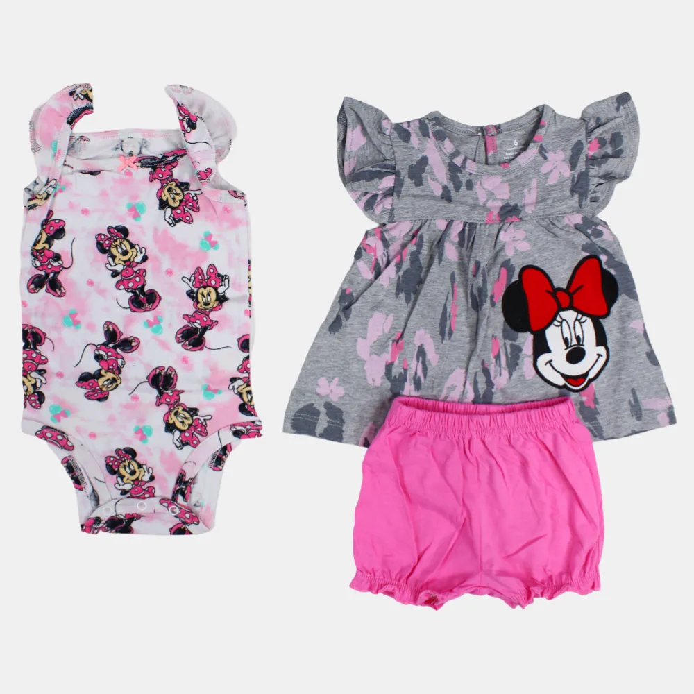 Baby Girls Sleeveless Cotton 3-Piece Outfit Set - Grey with Minnie Mouse Design