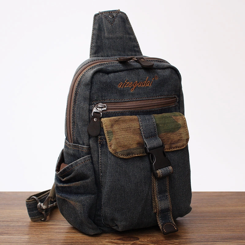 Blue Denim Mens Sling Bag Cool Chest Bag Vintage Blue Denim Sling Bag For Men