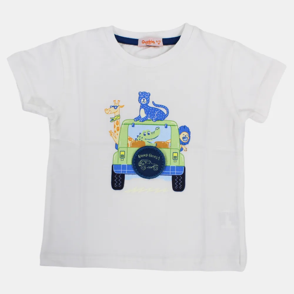 Boys Short-Sleeved Cotton T-Shirt with Safari Animals Print