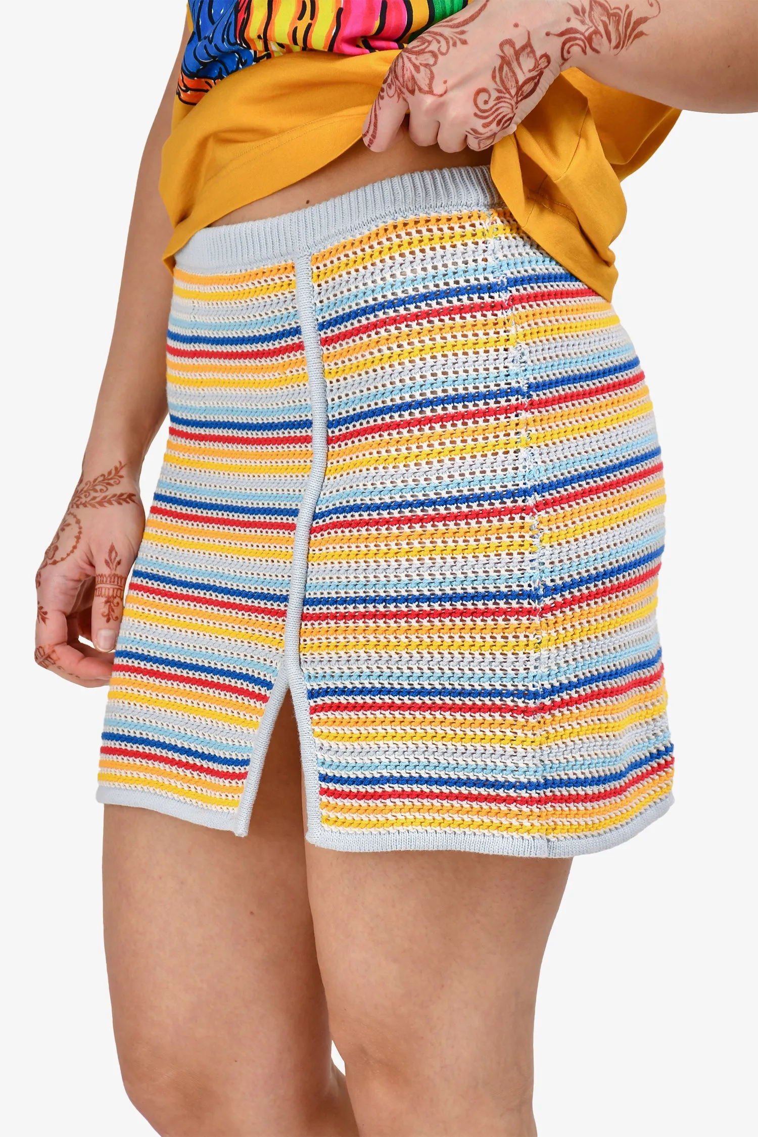 Casblanca Blue/Multi Crochet Striped Mini Skirt Size M