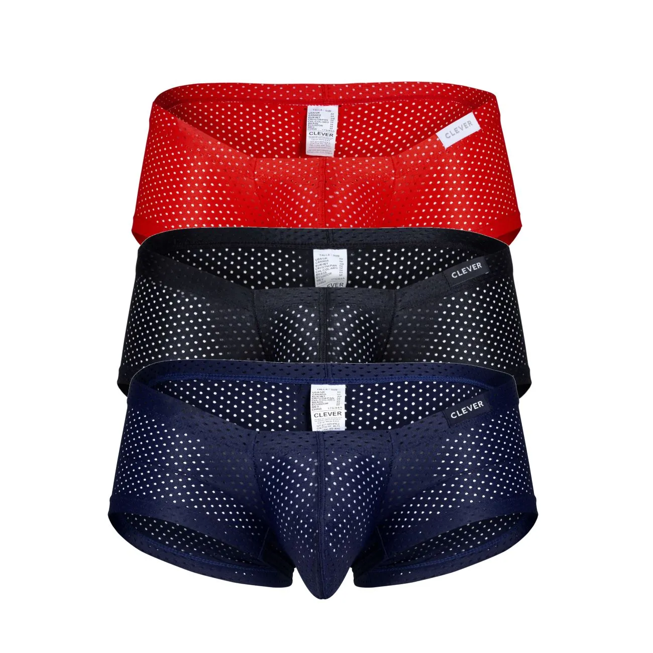 Clothing_Clever_Mens Underwear Clever 229947 3PK Autralian Latin Trunks Color Black-Red-Blue