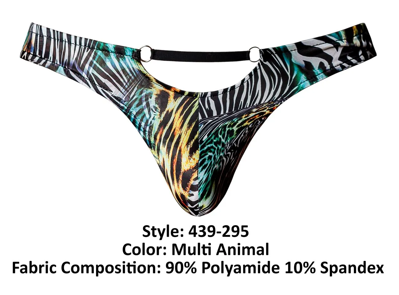 Clothing_Male Power_Mens Underwear Male Power 439-295 Go Wild Thong with 2 Rings Color Multi Animal