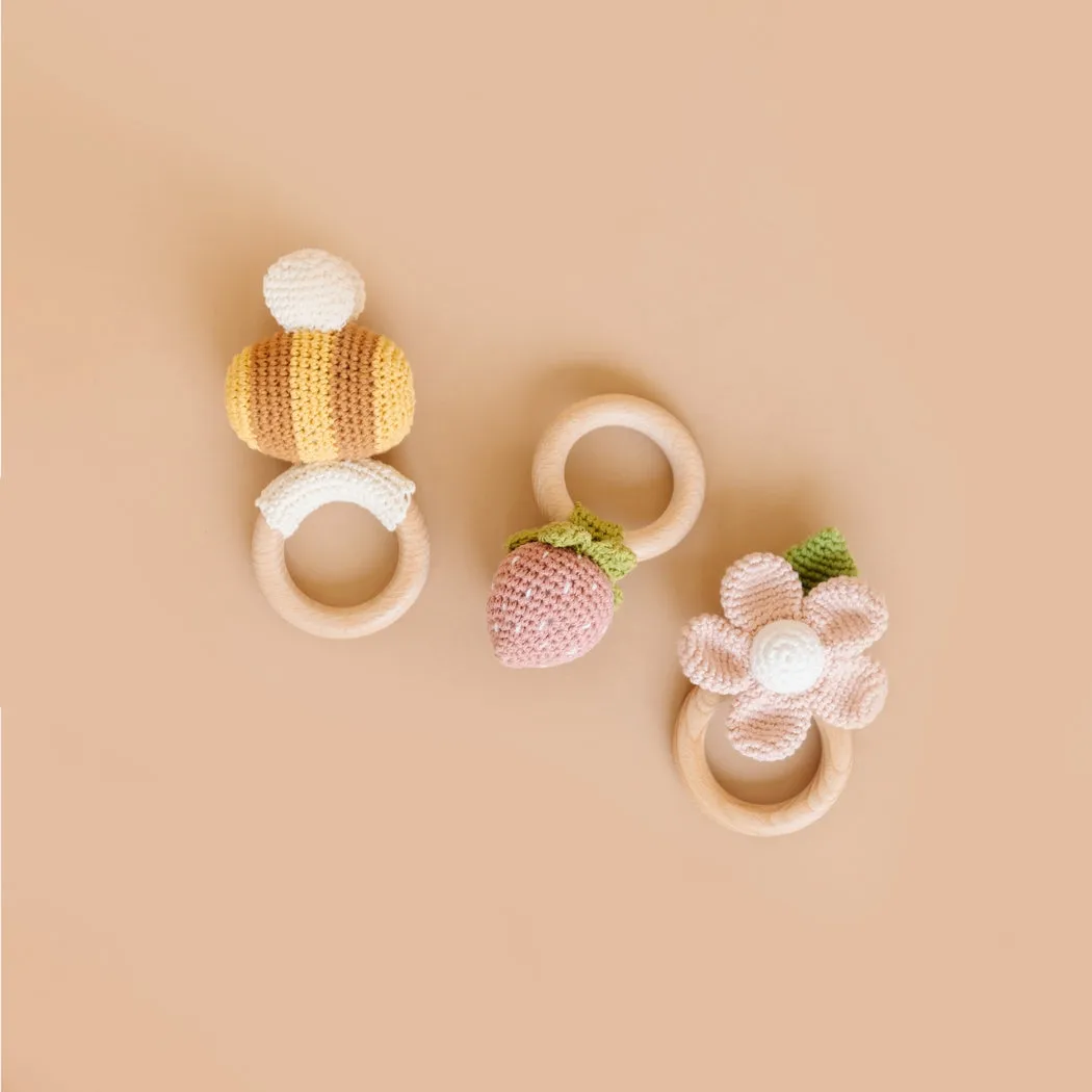 Cotton Crochet Rattle Teether - Pink Flower by The Blueberry Hill