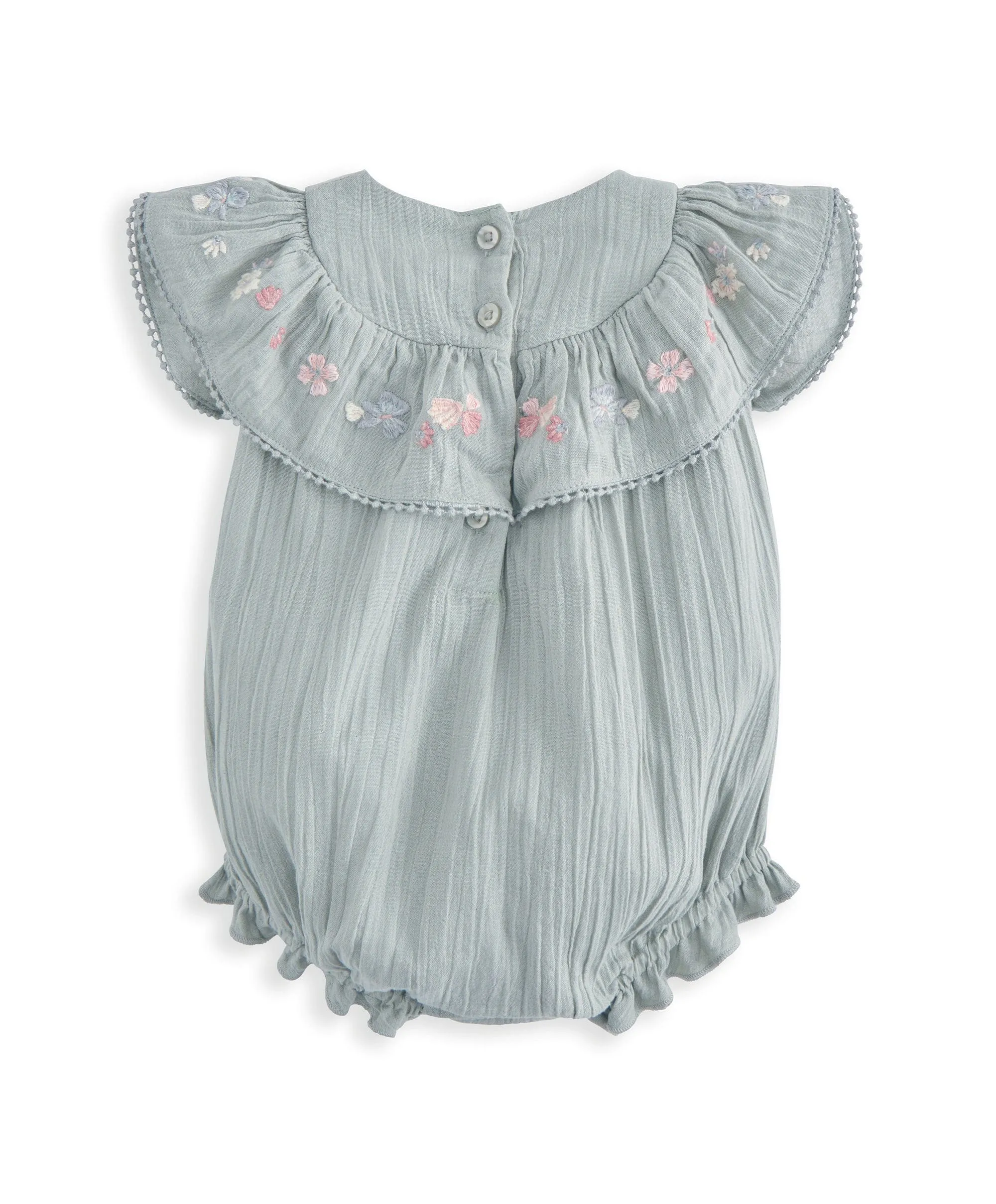 Embroidered Frill Short Sleeve Romper - Green