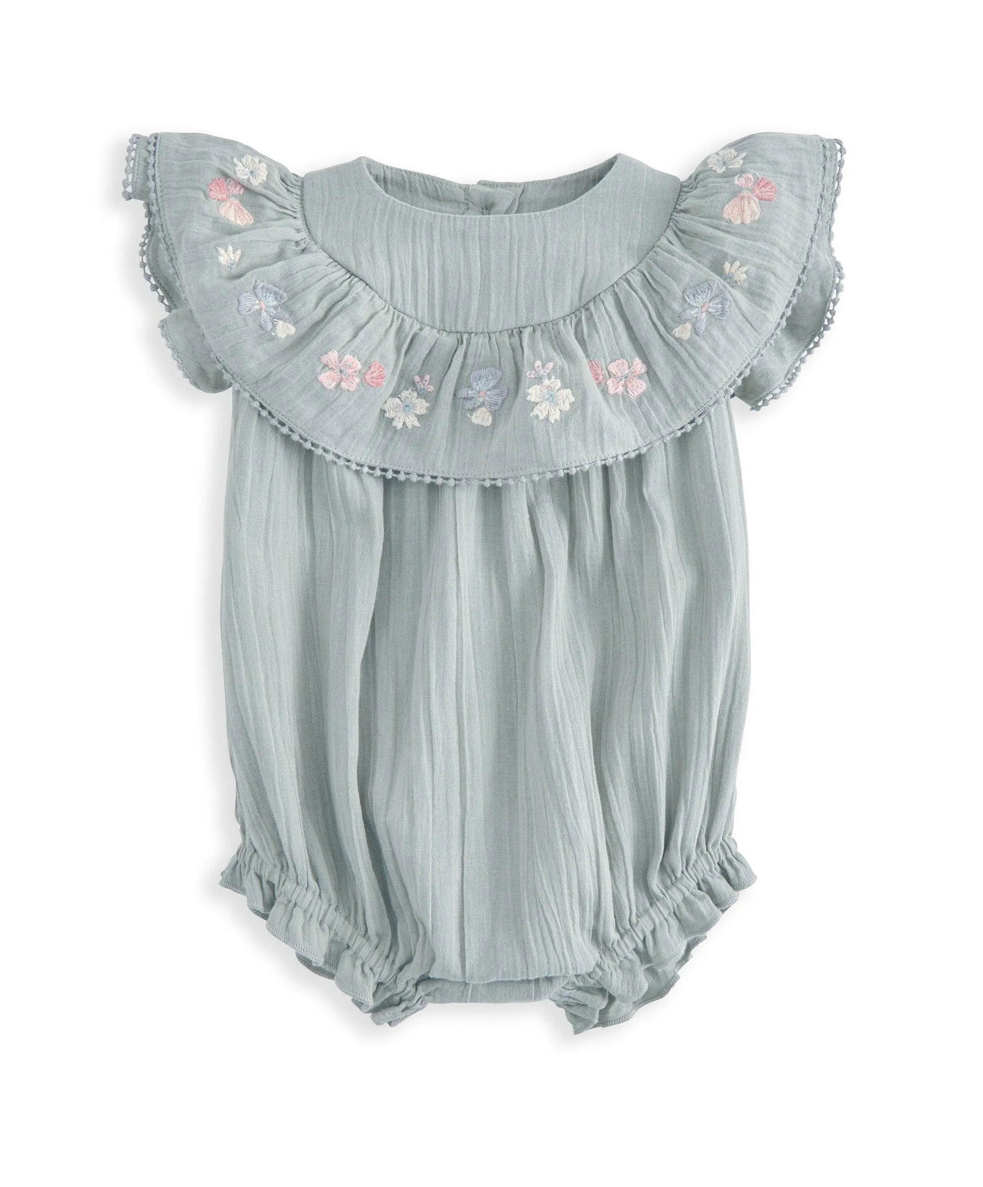 Embroidered Frill Short Sleeve Romper - Green