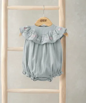 Embroidered Frill Short Sleeve Romper - Green