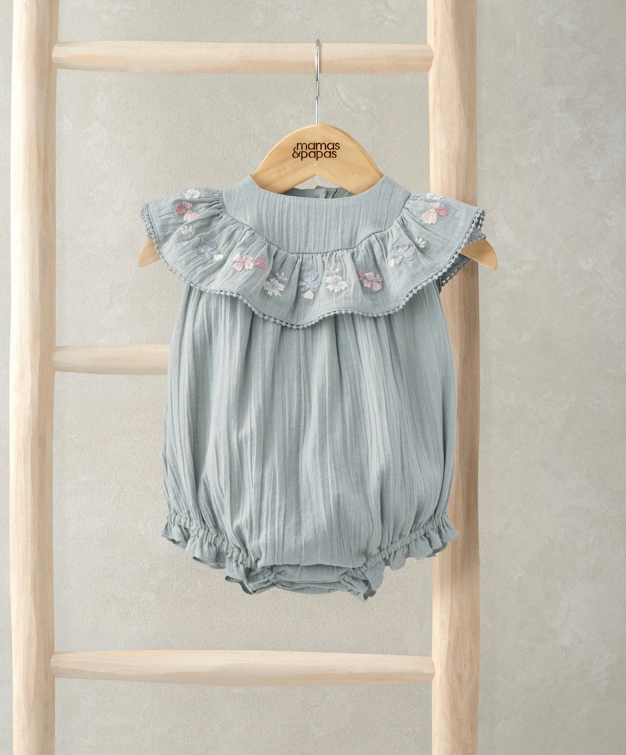 Embroidered Frill Short Sleeve Romper - Green