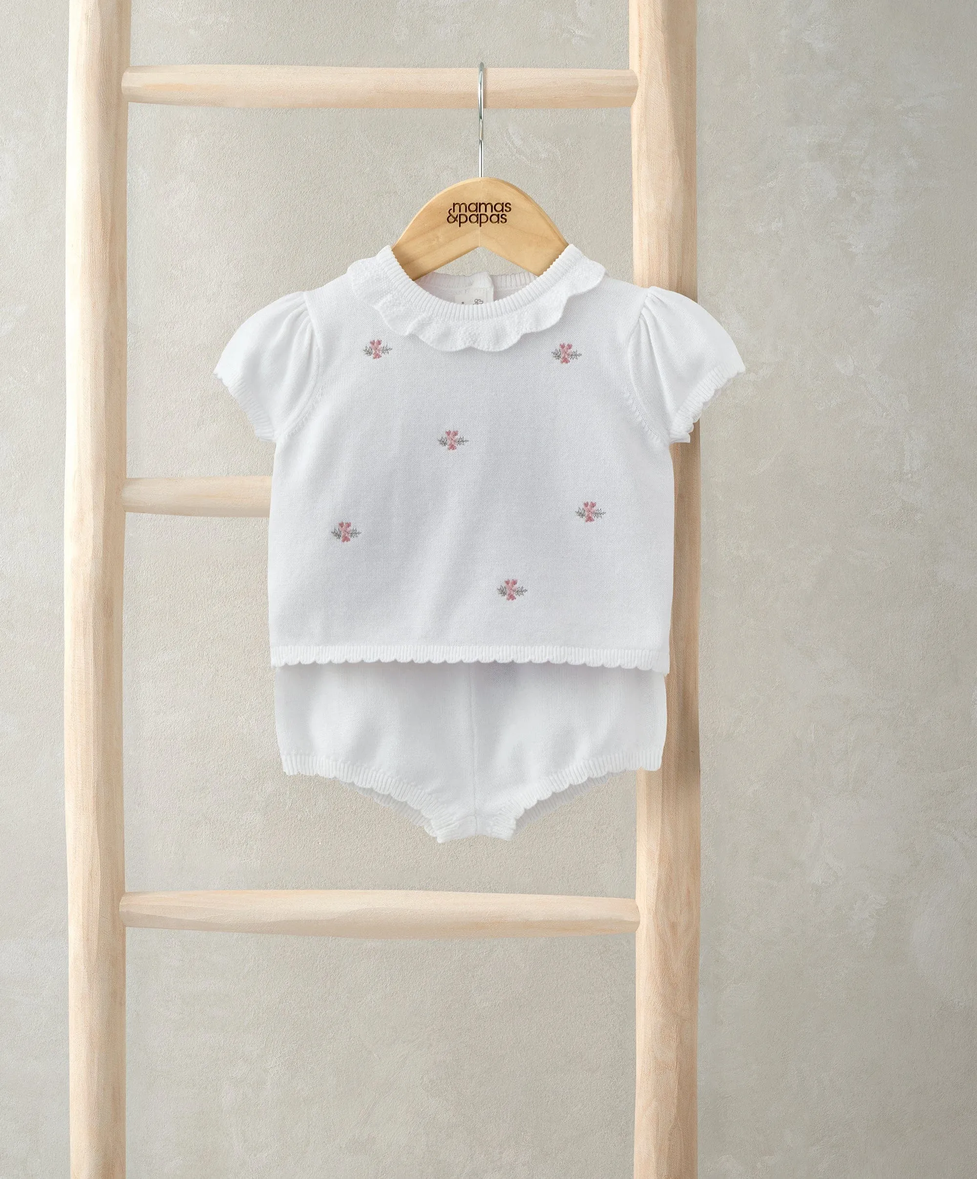 Embroidered Knit Top & Shorts Set (2 Pieces) - White