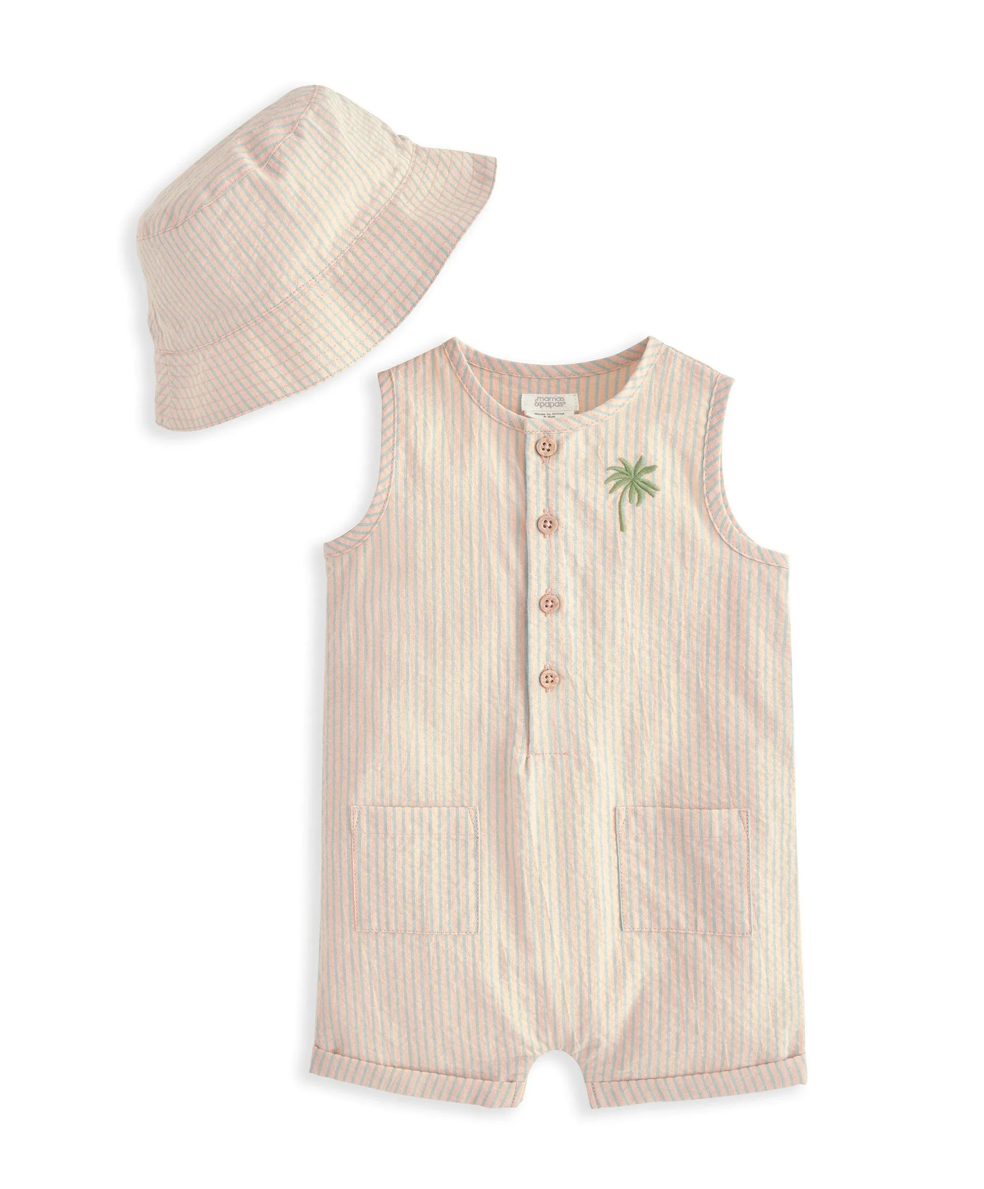 Embroidered Romper & Bucket Hat Set (2 Pieces) - Orange