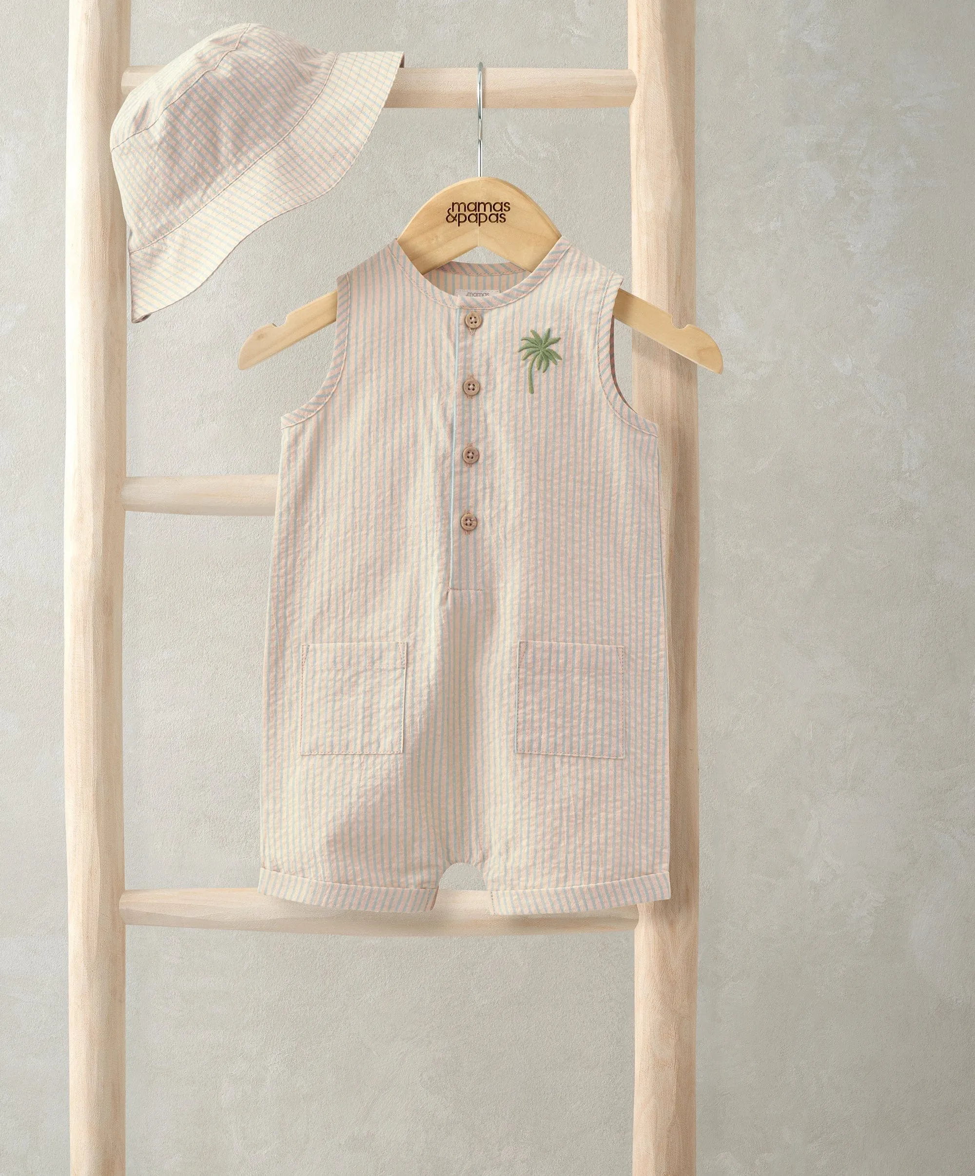 Embroidered Romper & Bucket Hat Set (2 Pieces) - Orange