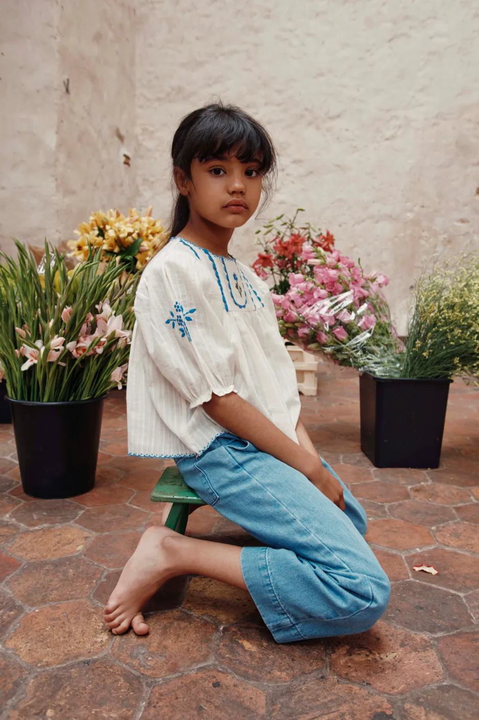 Emile Et Ida Boys Girls EMBROIDERED POCKET WIDE TROUSERS - DENIM