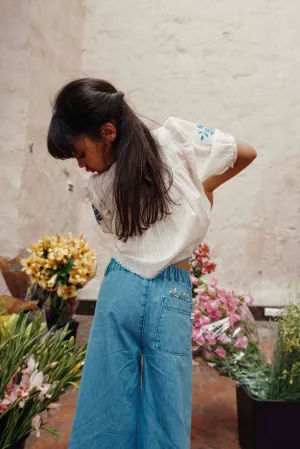 Emile Et Ida Boys Girls EMBROIDERED POCKET WIDE TROUSERS - DENIM