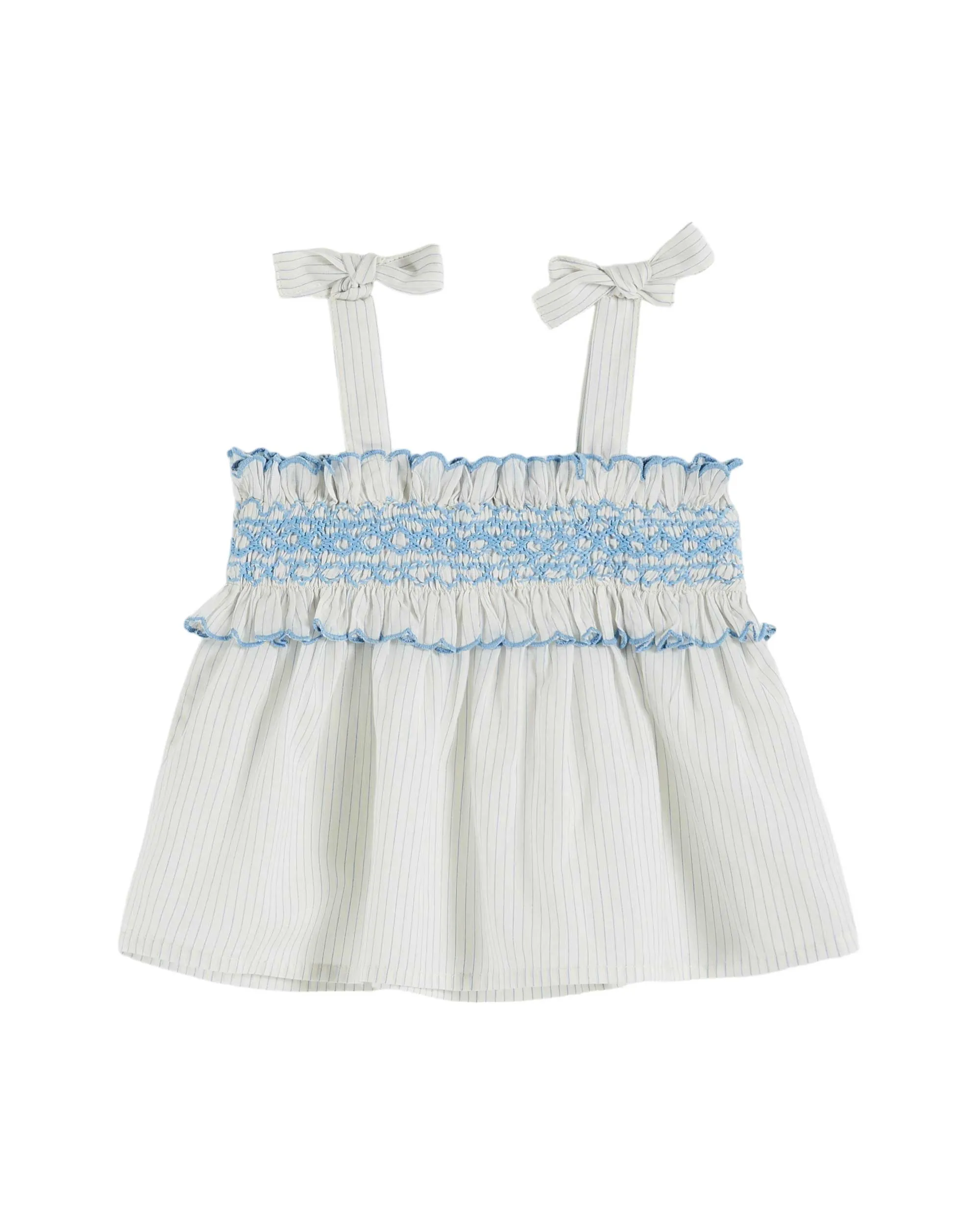 Emile Et Ida Boys Girls SCALLOPED SMOCKED TOP - RAYURE CIEL