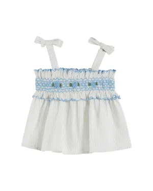 Emile Et Ida Boys Girls SCALLOPED SMOCKED TOP - RAYURE CIEL