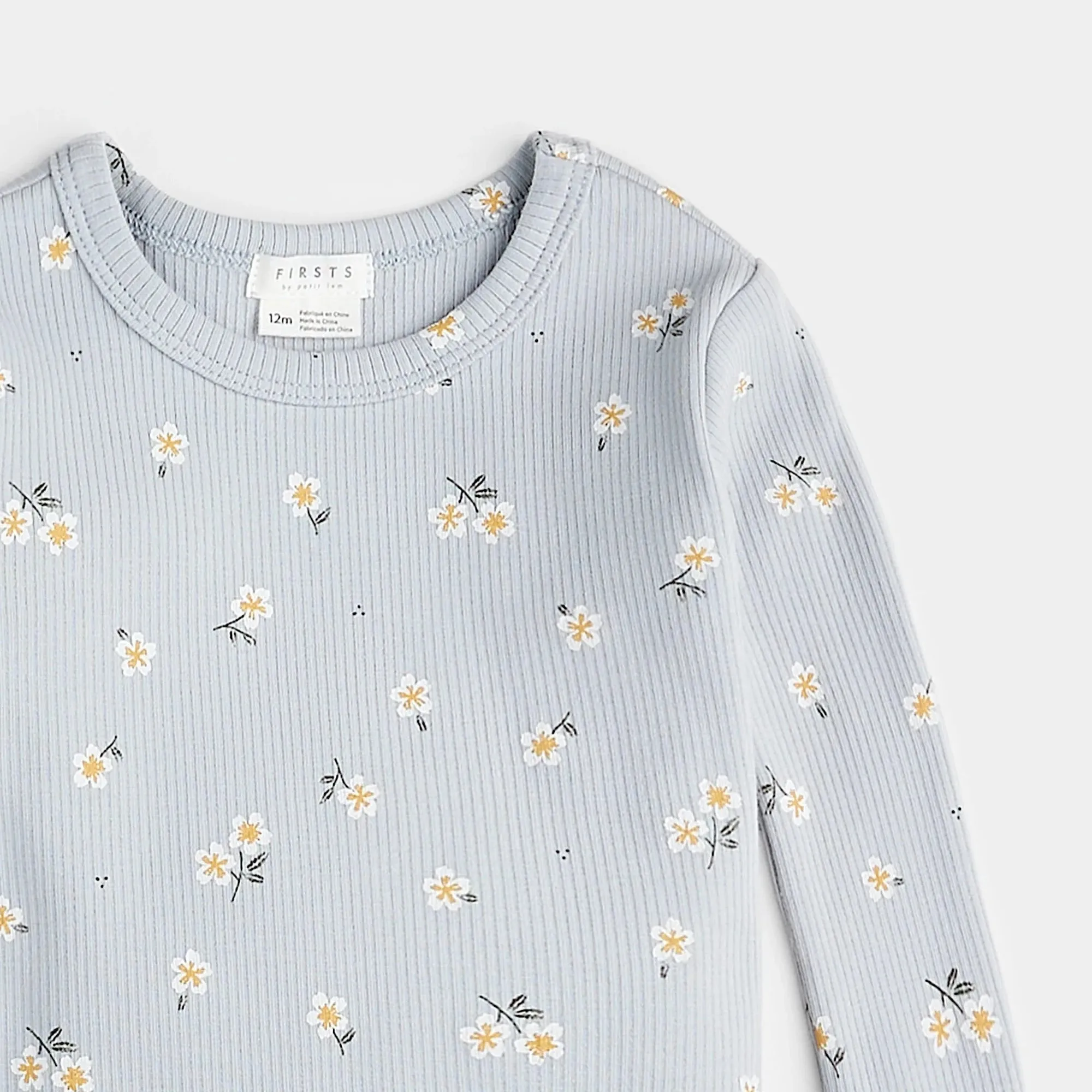 FIRSTS Daisy Print on Ribbed Pearl Blue Infant PJ Set