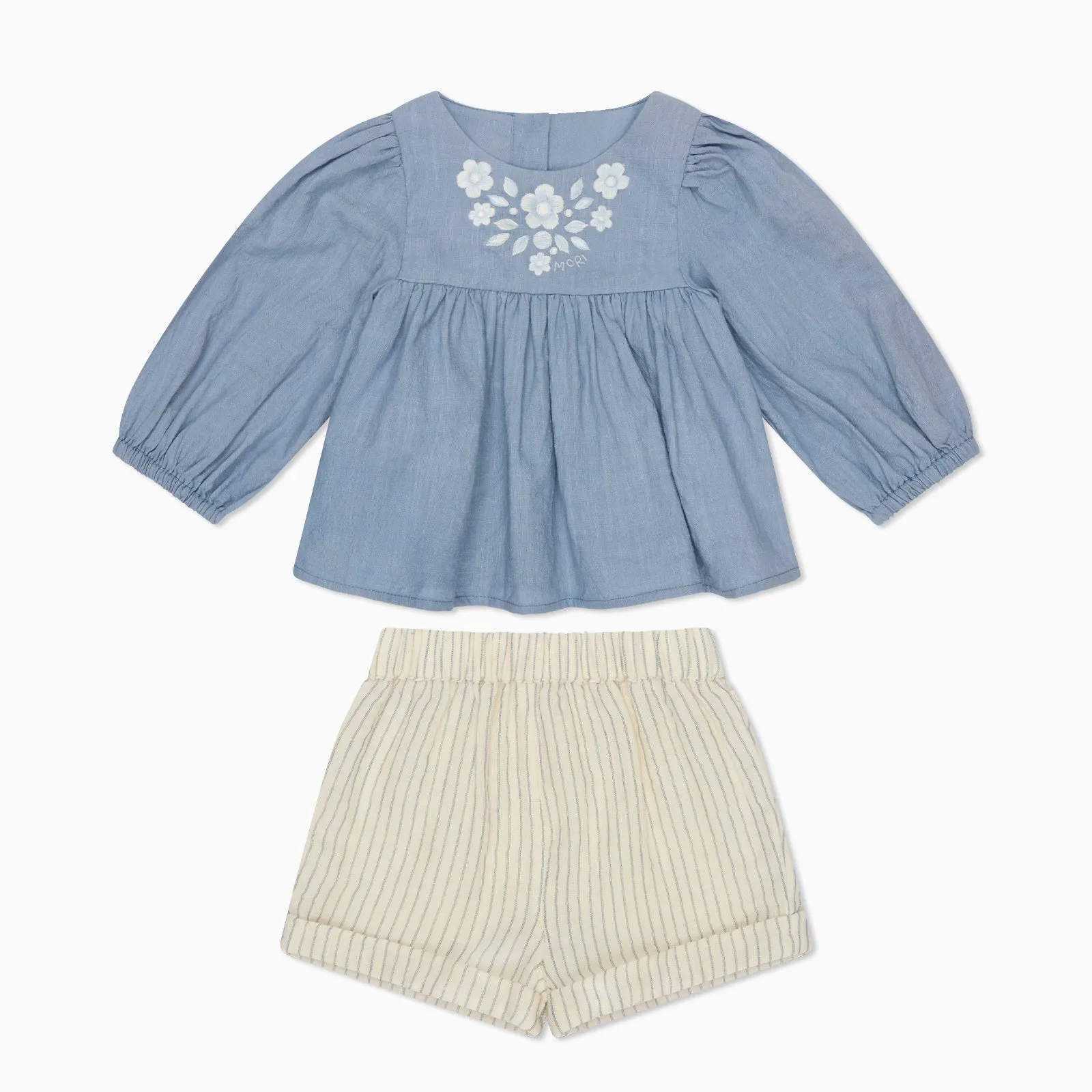 Floral Cotton Blouse & Striped Muslin Shorts Outfit